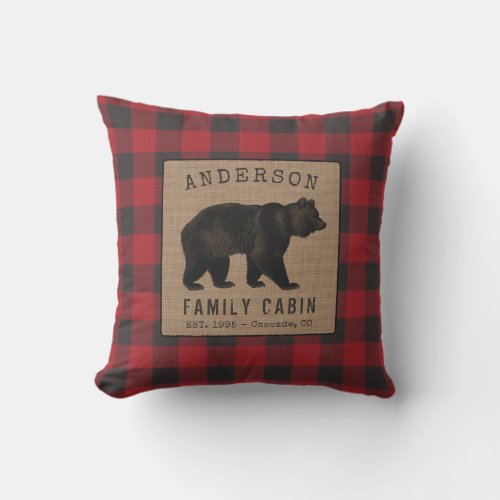 Rustic Bear Family Cabin Red Buffalo Plaid Burlap Outdoor Pillow