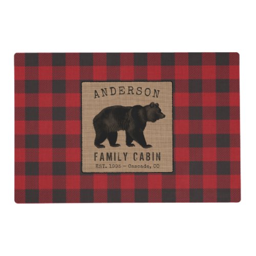 Rustic Bear Family Cabin Red Buffalo Plaid Burlap Placemat