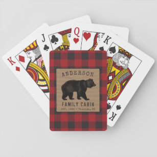 Rustic Bear Family Cabin Red Buffalo Plaid Burlap Playing Cards