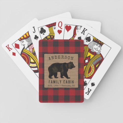 Rustic Bear Family Cabin Red Buffalo Plaid Burlap Playing Cards