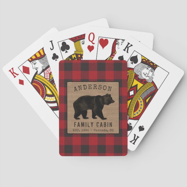 Rustic Bear Family Cabin Red Buffalo Plaid Burlap Poker Cards (Back)