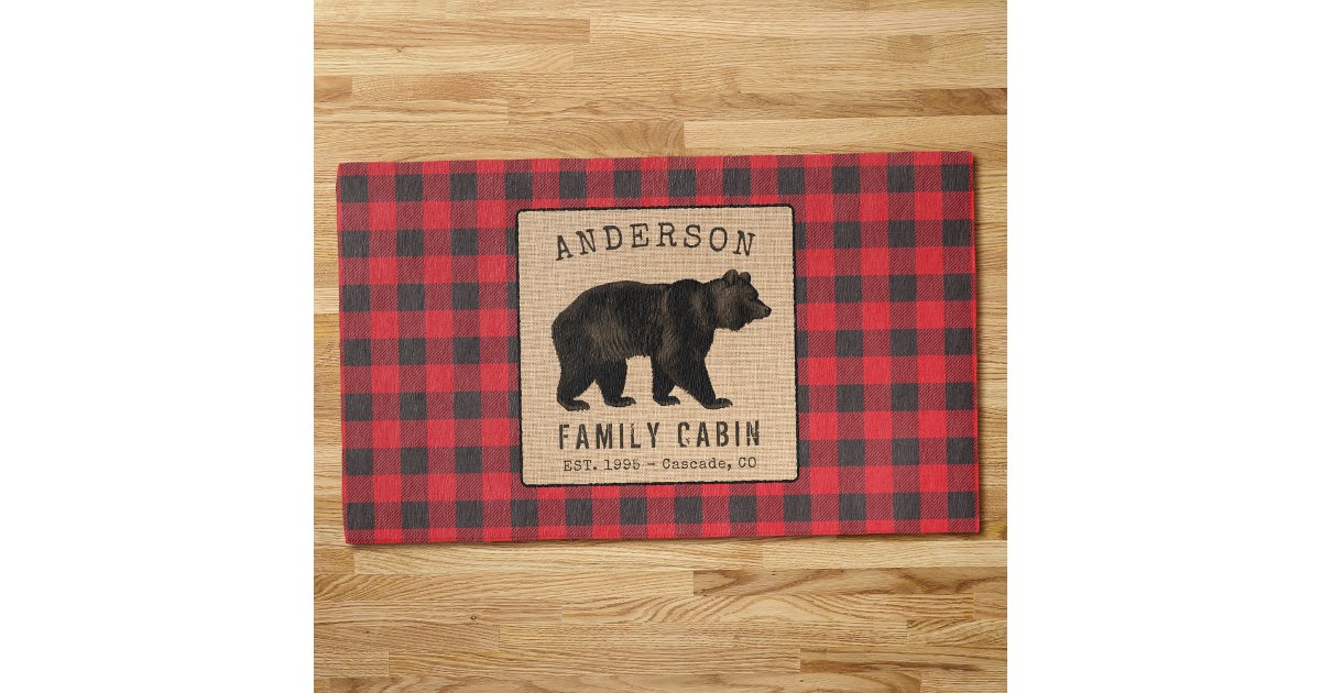 Burlp Rug Rustic Bear Family Cabin Red Buffalo Plaid Burlap Rug | Zazzle
