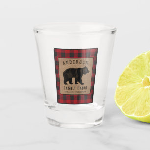 Rustic Bear Family Cabin Red Buffalo Plaid Burlap Shot Glass