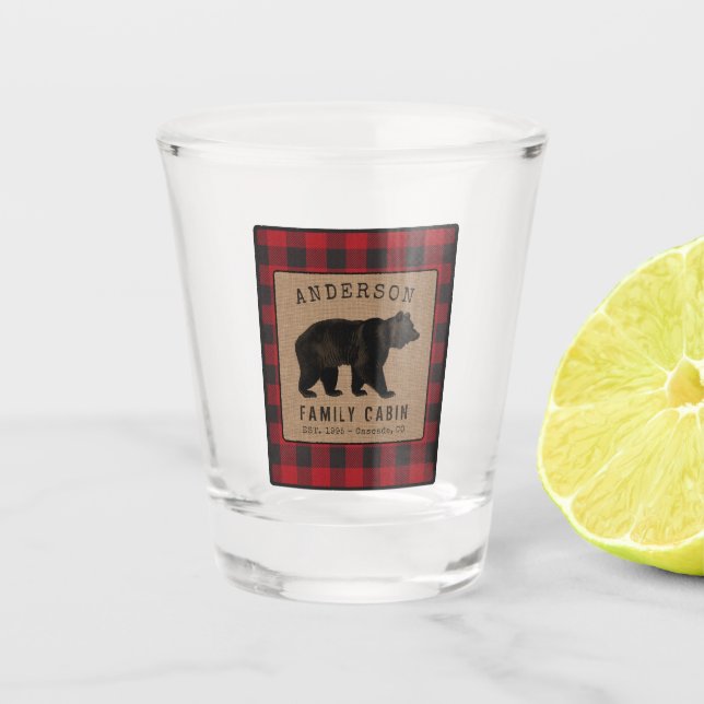 Rustic Bear Family Cabin Red Buffalo Plaid Burlap Shot Glass (Front)