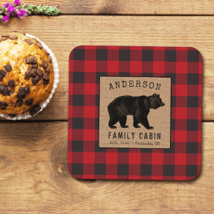 Rustic Bear Family Cabin Red Buffalo Plaid Burlap Square Paper Coaster