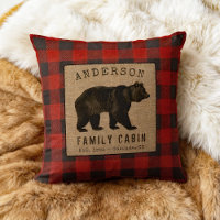 Rustic Bear Family Cabin Red Buffalo Plaid Burlap Throw Pillow