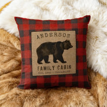 Rustic Bear Family Cabin Red Buffalo Plaid Burlap