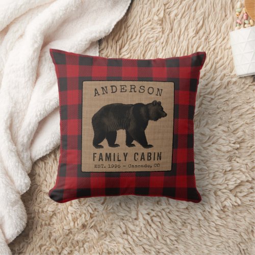 Rustic Bear Family Cabin Red Buffalo Plaid Burlap Throw Pillow