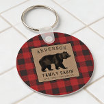 Rustic Bear Family Cabin Red Buffalo Plaid Round Keychain<br><div class="desc">A stylish, rustic themed round keychain with your personalized family name and cabin, lodge or other desired text and it's location or established date. This unique custom design features hand drawn style artwork of a bear on faux burlap with red buffalo plaid print. To see more designs like this please...</div>