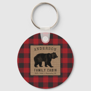 Rustic Bear Family Cabin Red Buffalo Plaid Round Keychain