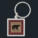 Rustic Bear Family Cabin Red Buffalo Plaid Square Keychain<br><div class="desc">A stylish, rustic themed square metal keychain with your personalized family name and cabin, lodge or other desired text and it's location or established date. This unique custom design features hand drawn style artwork of a bear on faux burlap with red buffalo plaid print. To see more designs like this...</div>