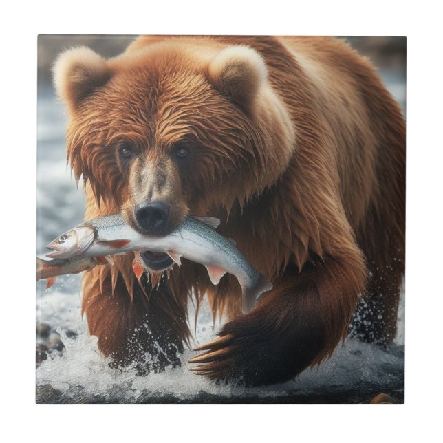 Rustic Bear & Fish Ceramic Tile (Front)