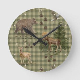 Rustic Bear Forest Deer Moose Eagle Watercolor Round Clock