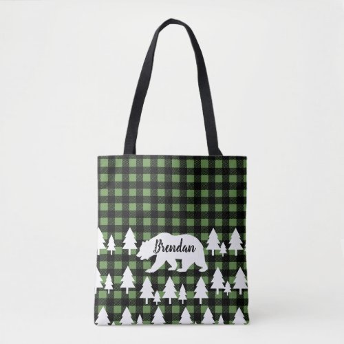 Rustic Bear Forest  Green Plaid with Name Tote Bag