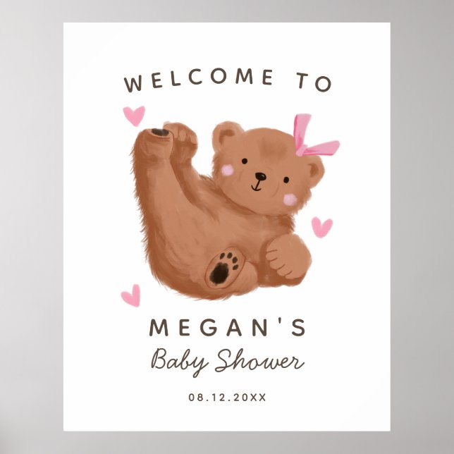 Rustic Bear Girl Baby Shower Welcome Sign (Front)