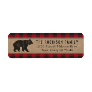 Rustic Bear Kraft Red Plaid Holiday Address Label