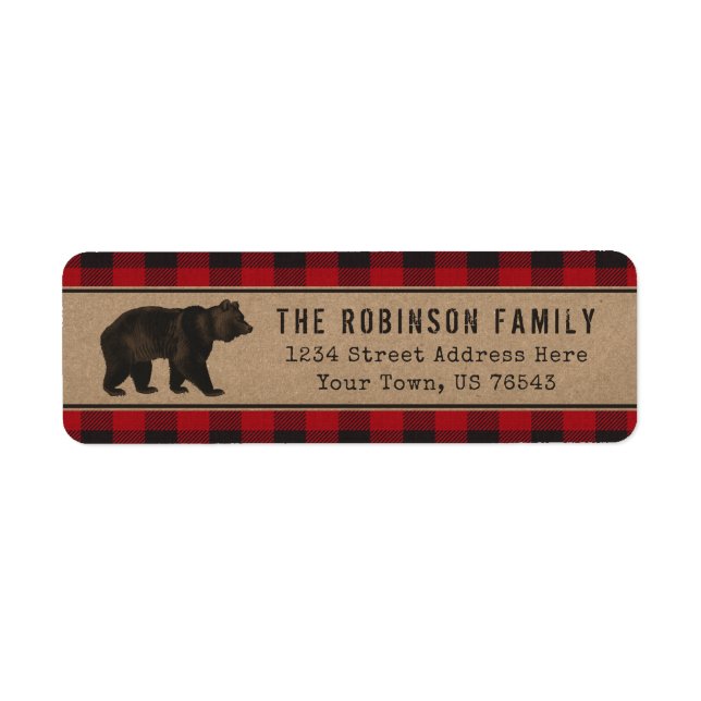 Rustic Bear Kraft Red Plaid Holiday Address Label (Front)