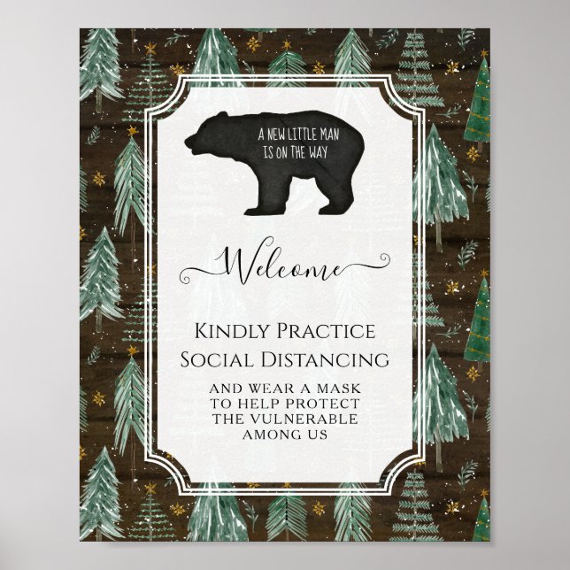 Rustic Bear Little Man Baby Shower Social Distance Poster (Front)