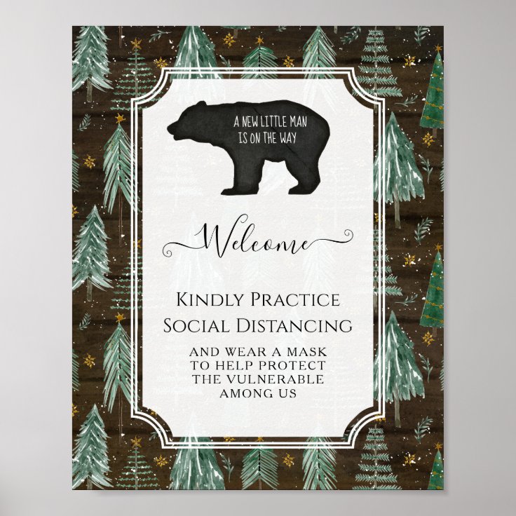 Rustic Bear Little Man Baby Shower Social Distance Poster Zazzle