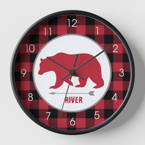Rustic Bear Lumberjack Buffalo Plaid Red and Gray Clock