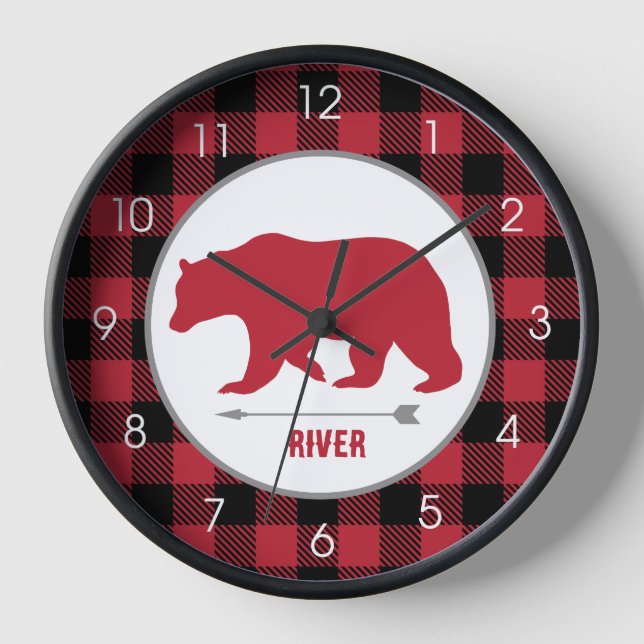 Rustic Bear Lumberjack Buffalo Plaid Red and Gray Clock (Front)