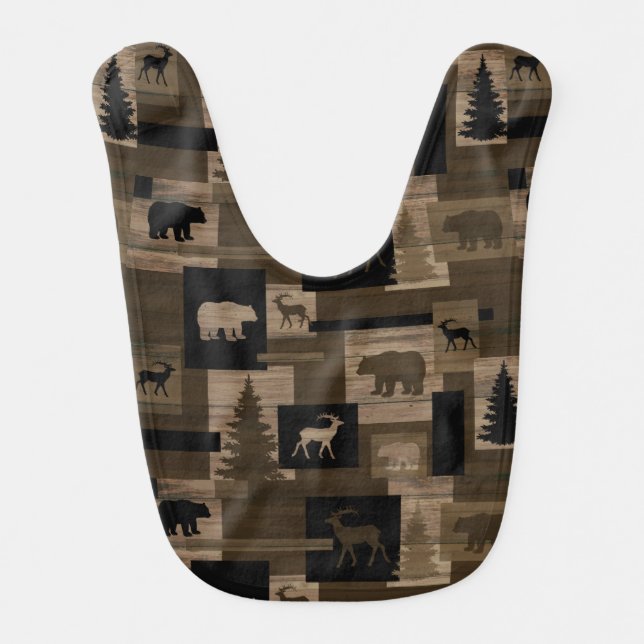 Rustic bear moose wood pattern baby bib (Front)