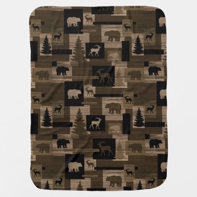 Rustic bear moose wood pattern baby blanket (Front)
