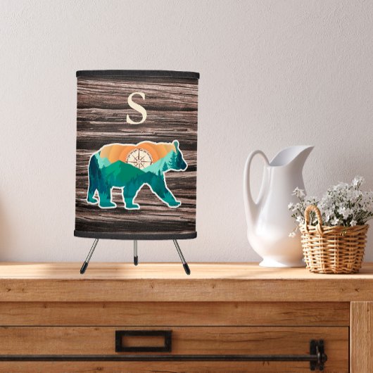 Rustic Bear Mountains Compass Family Monogram Tripod Lamp