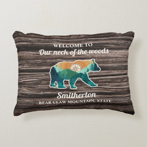 Rustic Bear Mountains Compass Family Name Welcome Accent Pillow