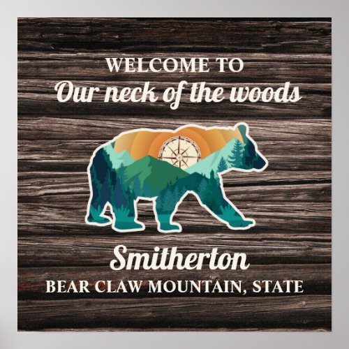 Rustic Bear Mountains Compass Family Name Welcome Poster