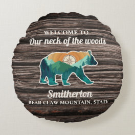 Rustic Bear Mountains Compass Family Name Welcome Round Pillow
