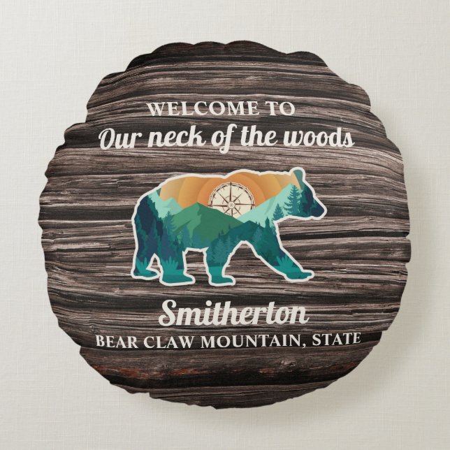 Rustic Bear Mountains Compass Family Name Welcome  Round Pillow (Front)