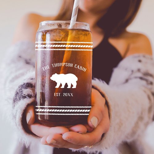 Rustic Bear Personalized Family Name Can Glass