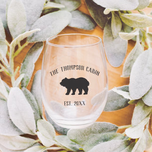Rustic Bear Personalized Family Name Stemless Wine Glass