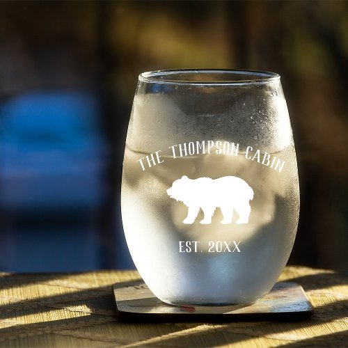 Rustic Bear Personalized Family Name Stemless Wine Glass