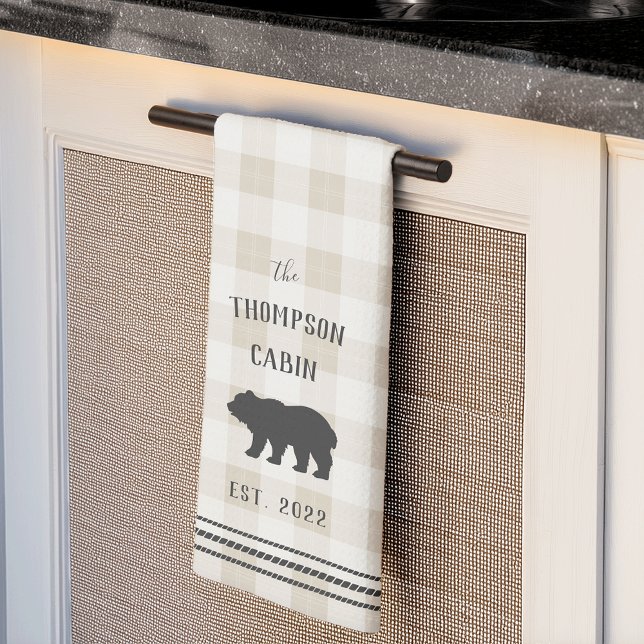 Rustic Bear Personalized Plaid Kitchen Towel (Creator Uploaded)