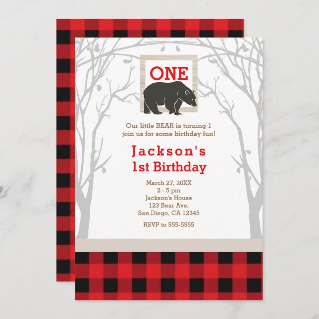 Rustic Bear Plaid 1st Birthday Party Invitations (Front/Back)