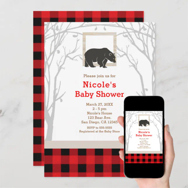 Rustic Bear Plaid Baby Shower Invitations | Zazzle