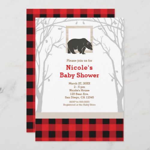 Rustic Bear Plaid Baby Shower Invitations