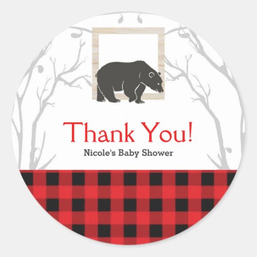 Rustic Bear Plaid Baby Shower Party Wedding Favor Classic Round Sticker