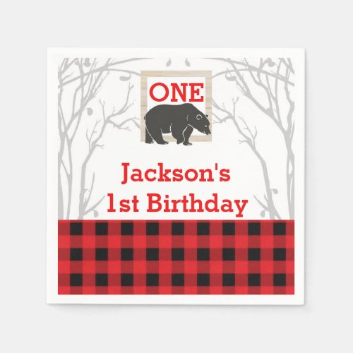 Rustic Bear Plaid Baby Shower Party Wedding Napkins