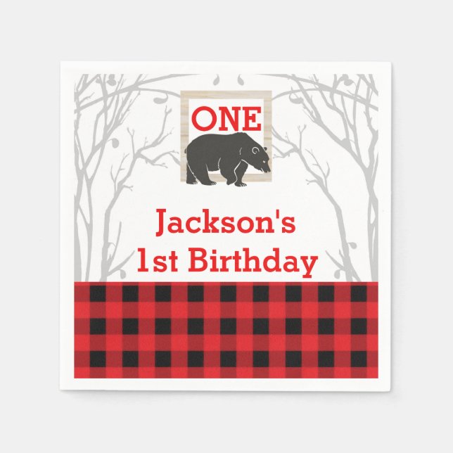 Rustic Bear Plaid Baby Shower Party Wedding Napkins (Front)