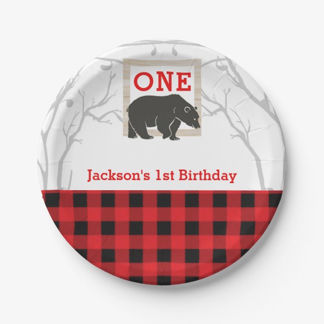 Rustic Bear Plaid Baby Shower Party Wedding Paper Plates (Front)