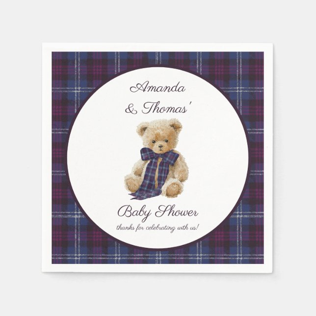 Rustic Bear Purple Bow Baby Shower  Napkins (Front)