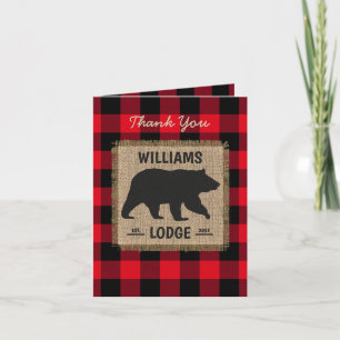 Rustic Bear Red Black Buffalo Family Name Lodge Letterpress Thank You Card