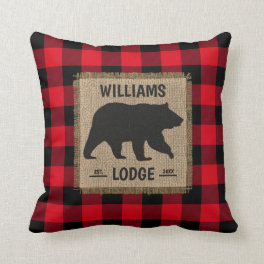 Rustic Bear Red Buffalo Plaid Tan Burlap Family Throw Pillow