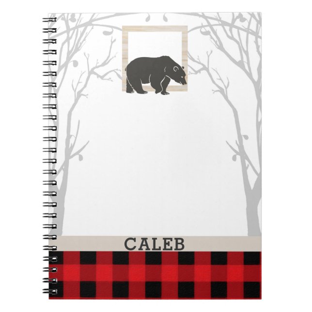 Rustic Bear & Red Checkered Plaid Country Woods Notebook (Front)