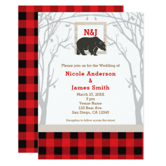 Rustic Bear & Red Plaid Woods Wedding Invitations
