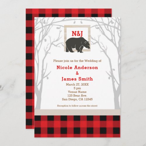 Rustic Bear  Red Plaid Woods Wedding Invitations