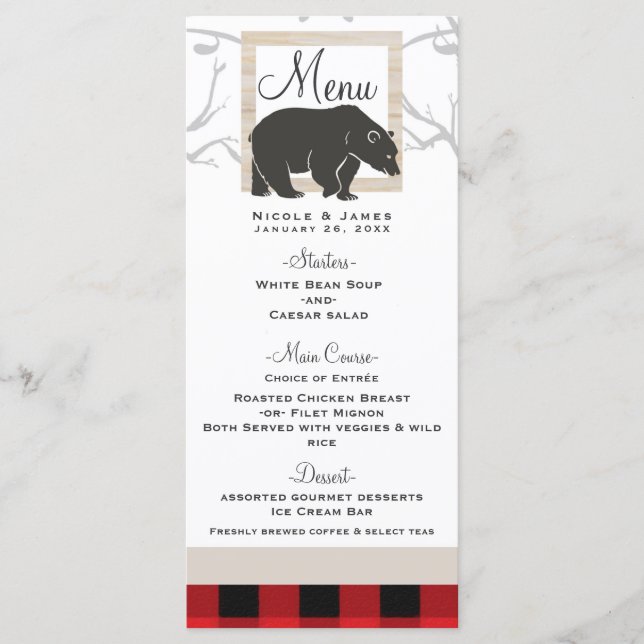 Rustic Bear & Red Plaid Woods Wedding Menu (Front)